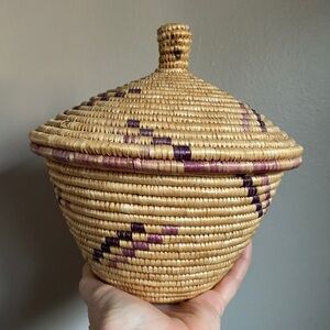 Woven Storage Basket with Lid Purple/Natural Made in Ghana